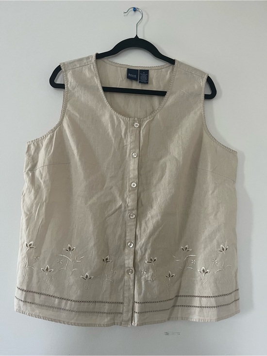 Basic Editions Tops - VINTAGE Beige Linen Cottagecore Button Up Vest Top 1X Embroidered Eyelet Prairie
